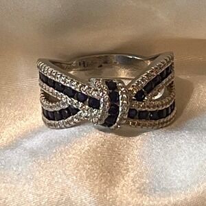 Blue Bow Rhinestone Ring Silver Tone Vintage Style Size 10 New Sealed